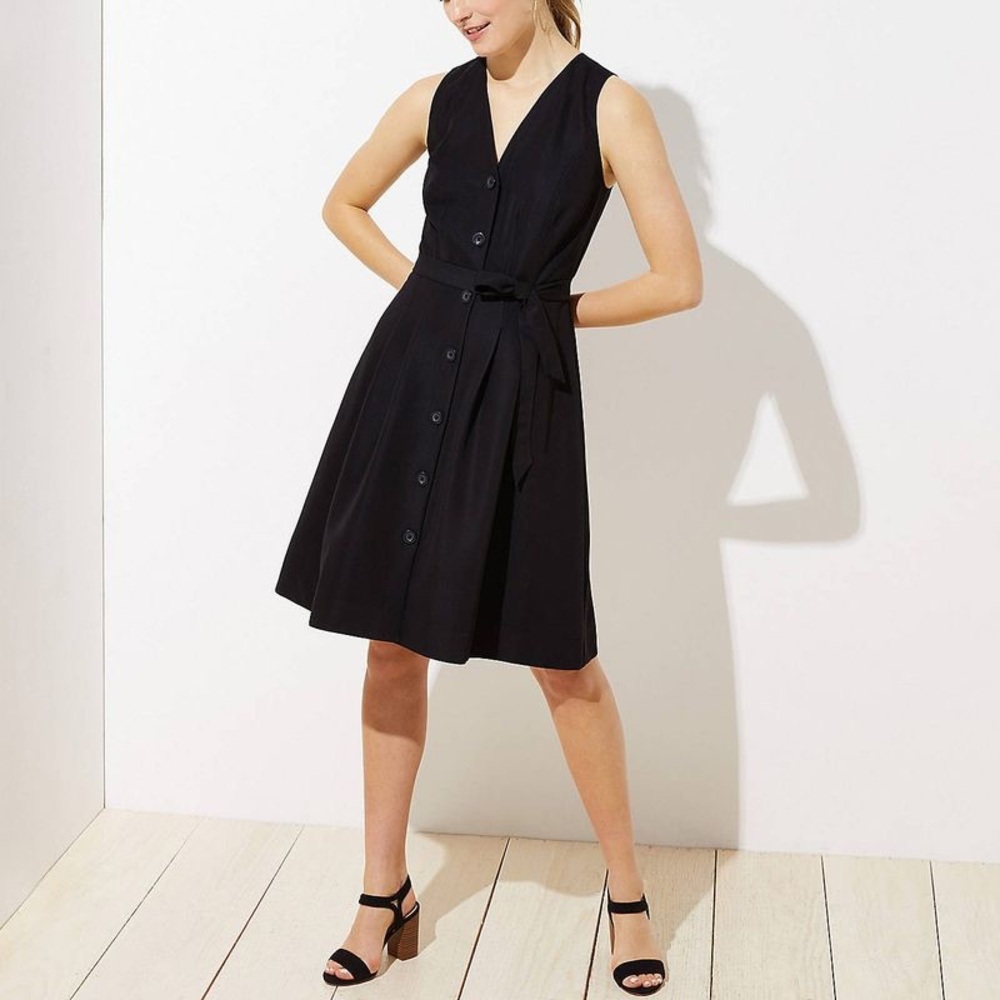 LOFT Button Down Pocket Flare Dress in Black 4P